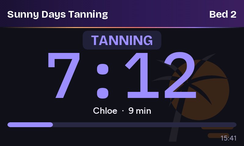 Bed screen showing TANNING with 7 minutes 12 seconds left